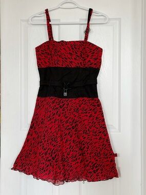 Tripp nyc red and black leopard print dress with lock belt